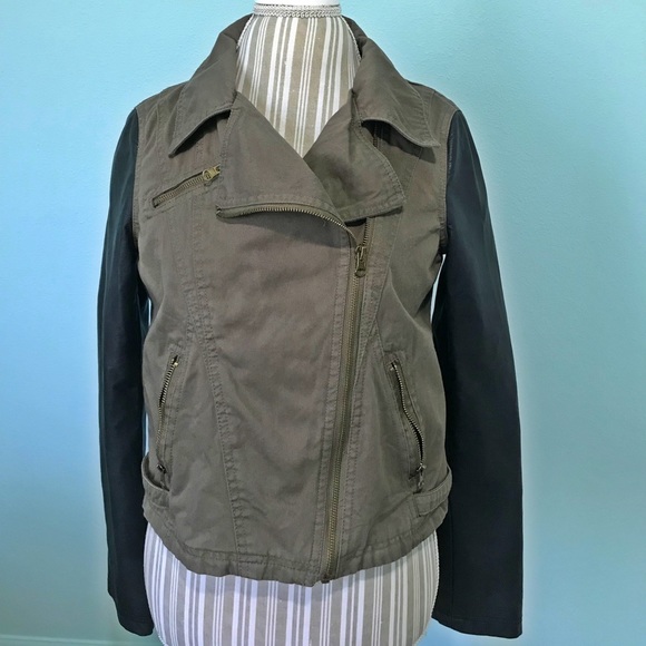 Olive Moto Jacket With Vegan Leather Sleeves - Picture 1 of 8